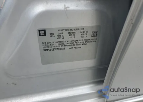 2015 Chevrolet Cruze Lt z USA, uszkodzony, nr VIN 1G1PC5SB7F7105838